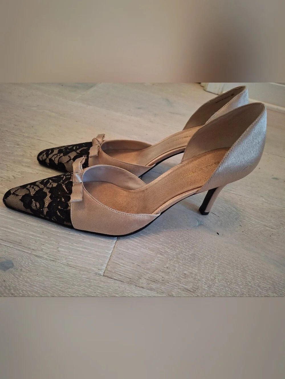 Bandolino Champagne Satin D'Orsay Heels with Black Lace Pointed Toe